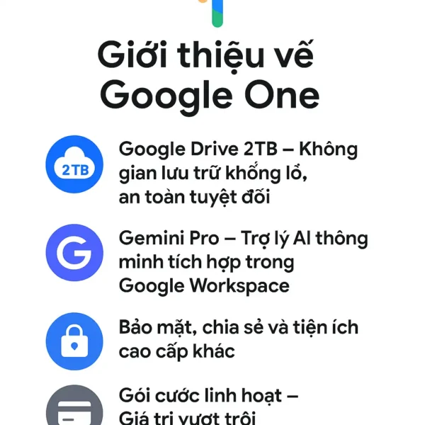 Google One 2T Drive + Gemini Pro 12 Tháng. Google One 2T Drive + Gemini Pro 12 Tháng.