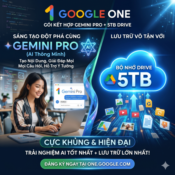 Google One 5T Drive + Gemini Pro 12 Tháng. Google One 5T Drive + Gemini Pro 12 Tháng.